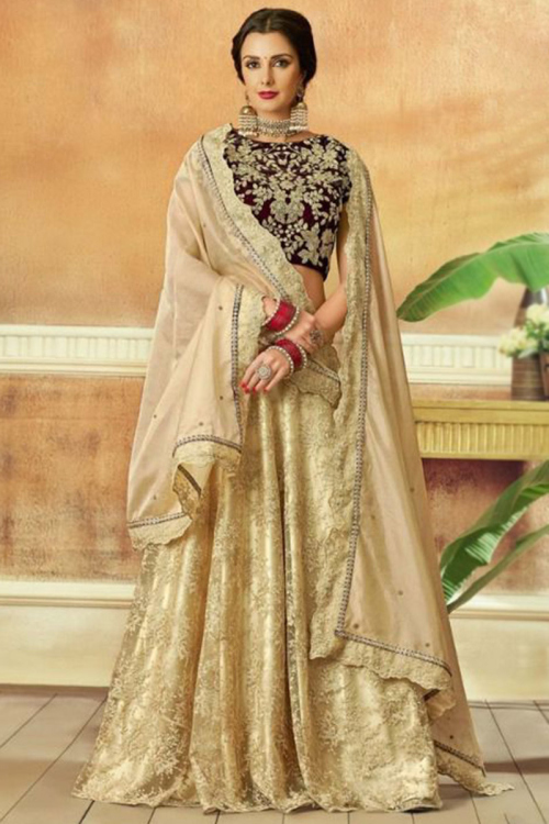 Light Beige Net Embroidered Lehenga