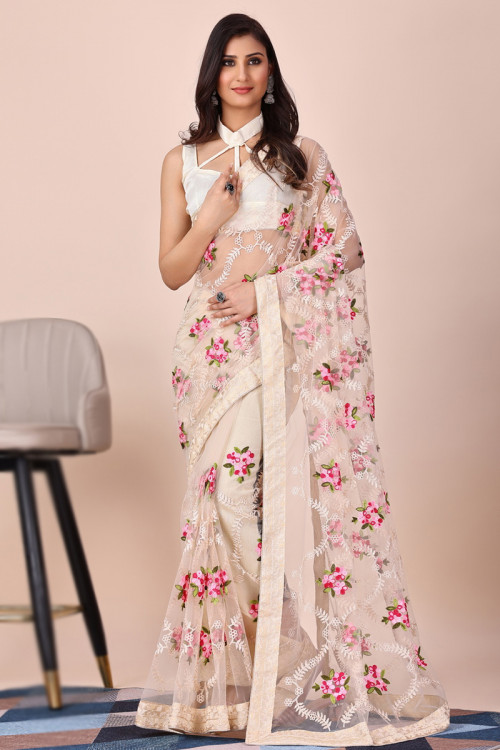 Light Beige Net Embroidered Lightweight Saree For Sangeet 