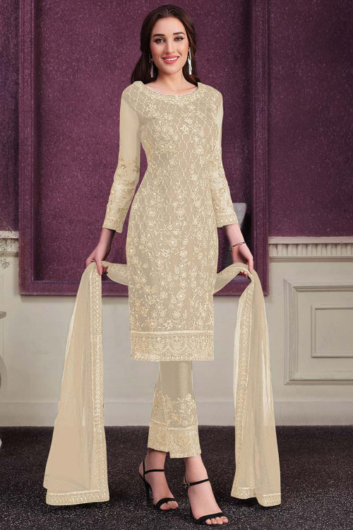Light Beige Net Embroidered Trouser Suit