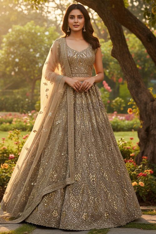 Light Beige Net Lehenga With Zari Embroidered Work