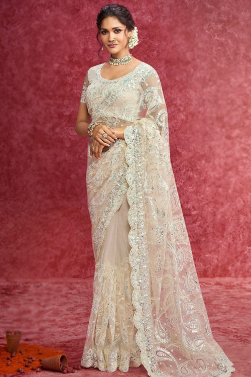 Light Beige Net Saree With Sequins Embroidered For Festival