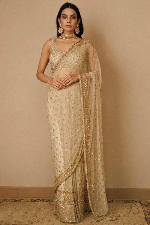 Indian Saree With Stitched Blouse, Kajol Bollywood Saree, Sequins Work Net  Saree