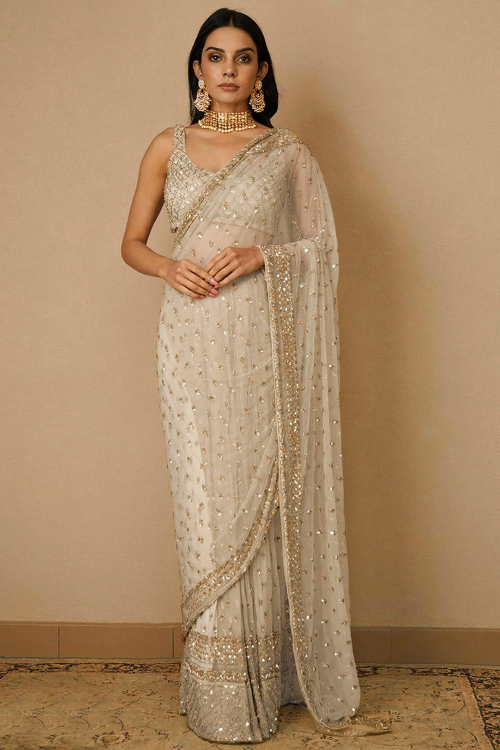 Light Beige Net Sequins Embroidered Cocktail And Wedding Saree