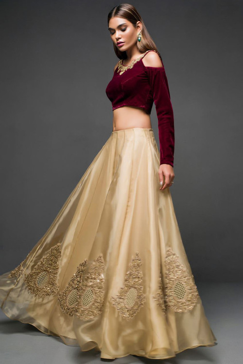 Off Shoulder Crop Top With Red Embroidered Lehenga – Astha Narang