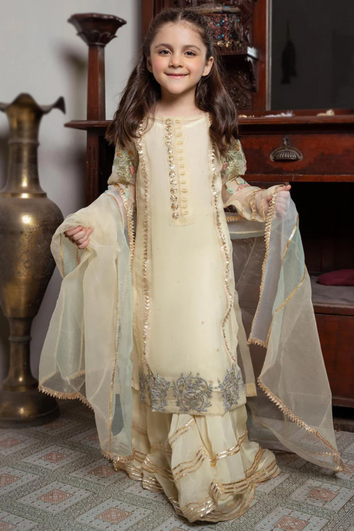 Light Beige Organza Embroidered Sharara Suit