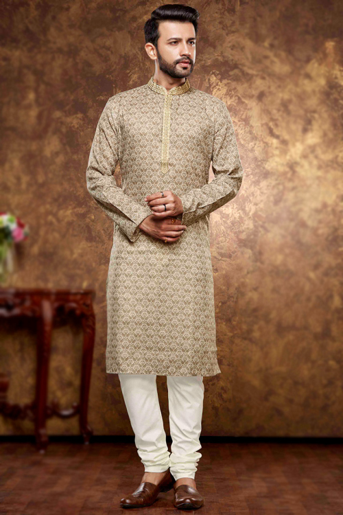 Light Beige Polycotton Kurta Churidar with Printed Patchwork