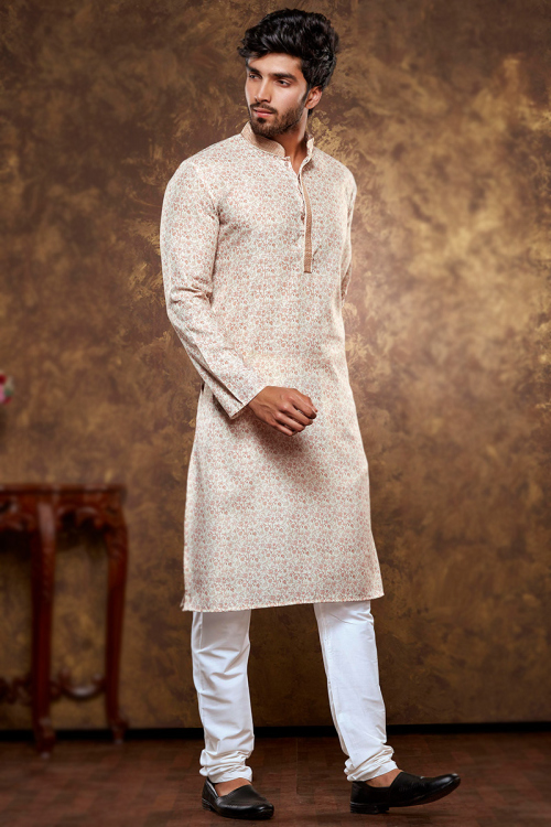 Men’s Light Beige Kurta Churidar in Polycotton with Print Detail