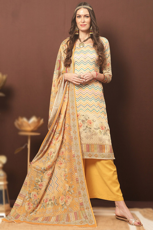 Light Beige Printed Casual Wear Silk Palazzo Suit 