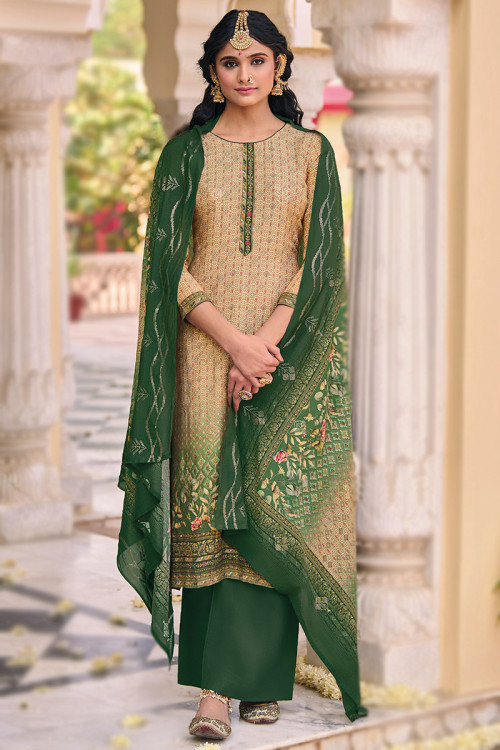 Light Beige Printed Cotton Straight Cut Palazzo Suit 