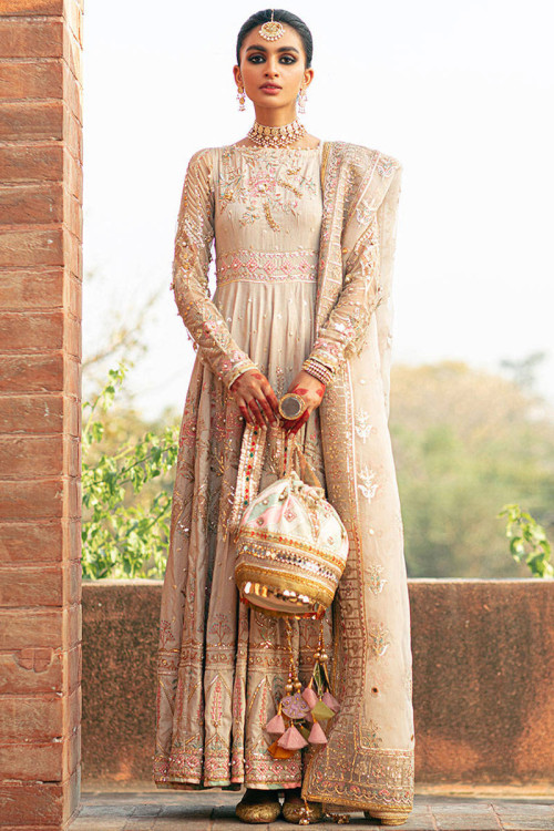 Light Beige Raw Silk Embroidered Anarkali Suit