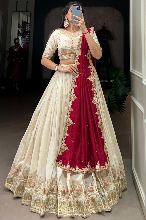 Light Beige Silk Blend Lehenga With Zari Work For Festival