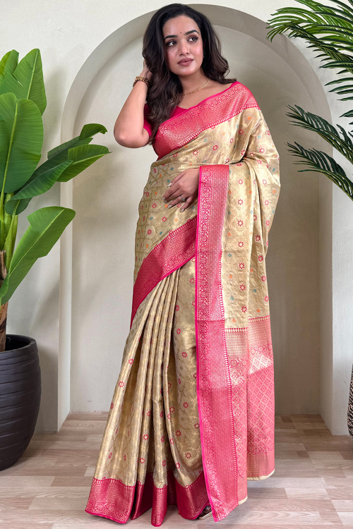 Light Beige Silk Blend Saree With Zari Work For Diwali 
