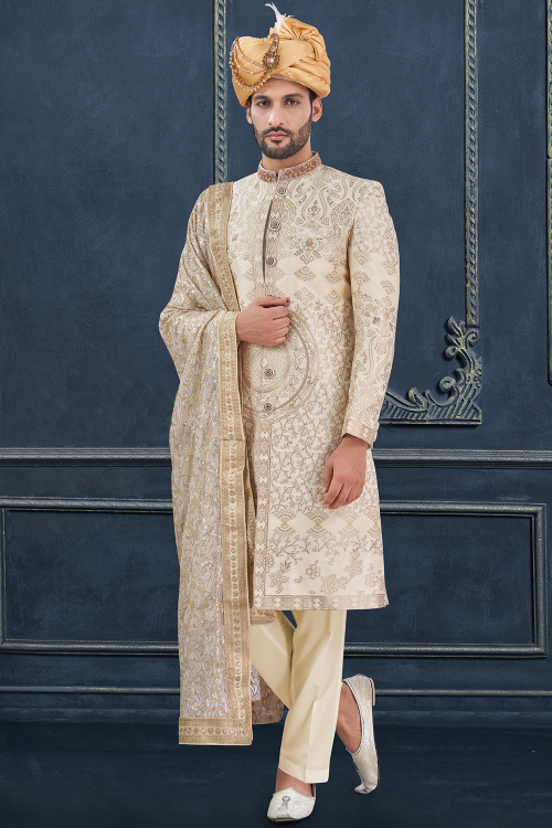 Light Beige Silk Blend Weaved Jacket Style Men's Sherwani