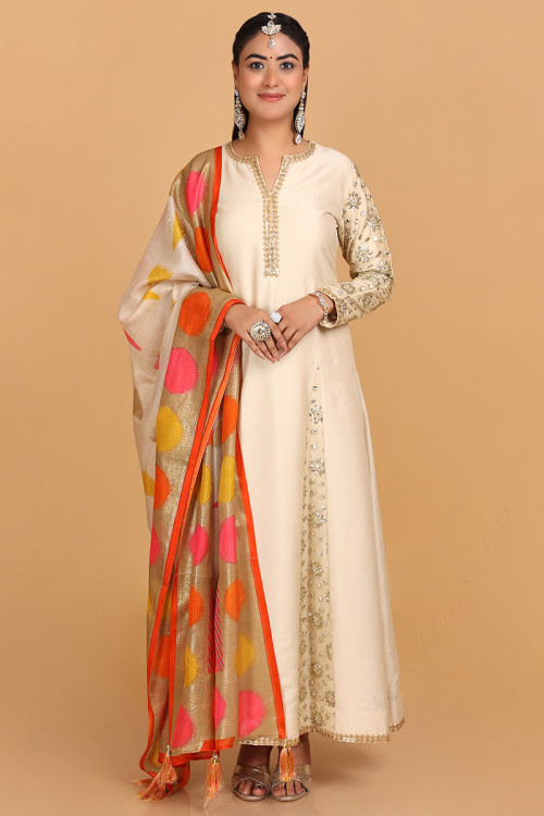 Light Beige Silk Embroidered Anarkali Suit for Eid