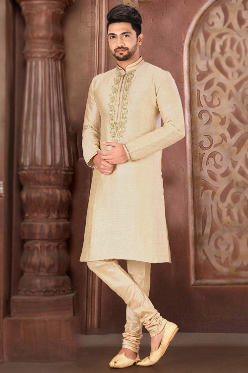 Light Beige Silk Embroidered Men's Churidar Kurta 