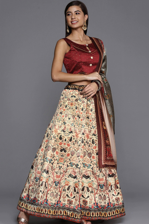 Light Beige Silk Lehenga with Zari Work & Grey Beige Dupatta