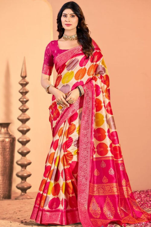 Light Beige Soft Silk Printed Broad Border Saree