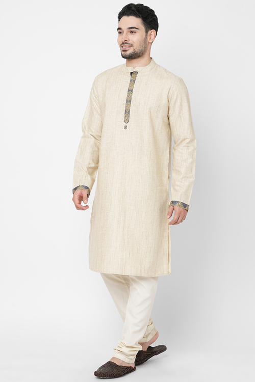 Light Beige Straight Cut Cotton Casual Wear Men's Kurta With Churidar 