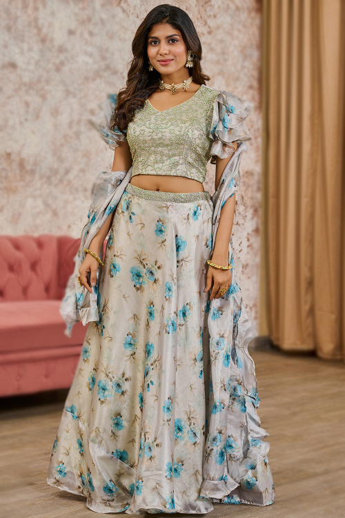 Light Beige Tissue Silk Printed A-Line Style Lehenga