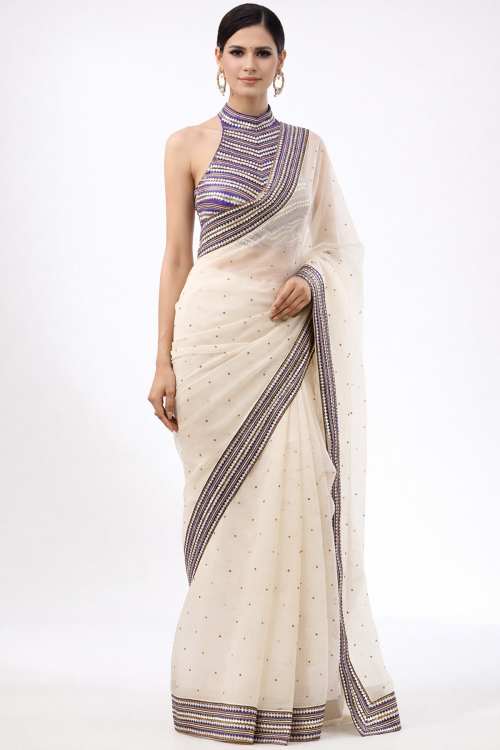 Light Beige Tissue Squins Embroidered Light Weight Saree
