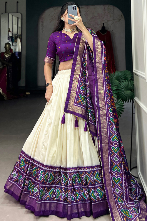 Light Beige Tussar Silk Lehenga With Printed Work For Diwali