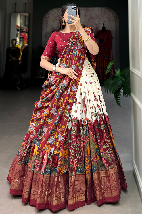 Light Beige Tussar Silk Lehenga With Zari Work For Diwali