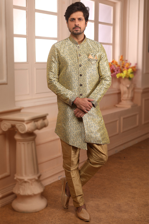 Light Beige Weaved Art Silk Assymetrical Men's Sherwani 