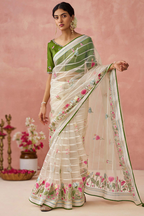 Light Beige Weaved Organza Light Weight Saree