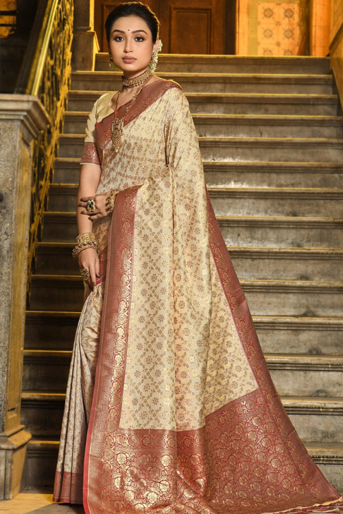 Light Beige Weaved Zari Banarasi Silk Broad Border Saree 