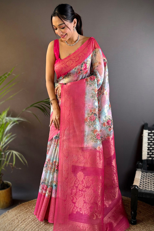 Light Blue Art Silk Printed Broad Border Saree 