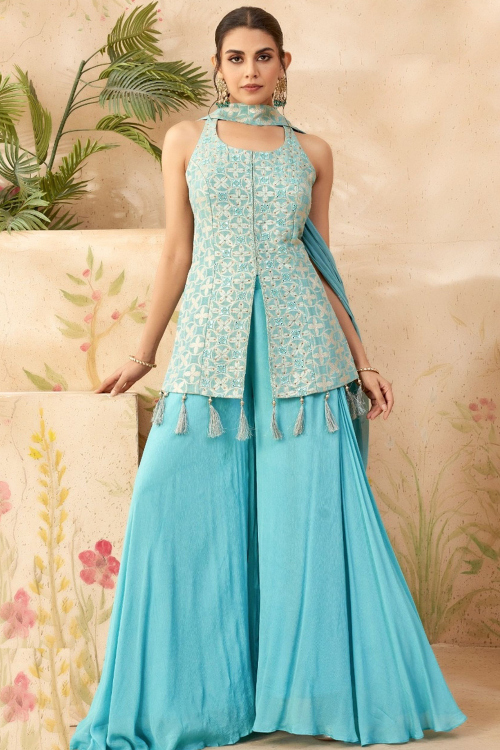 Light Blue Art Silk Sharara Suit With Weaved Thread Work For Diwali