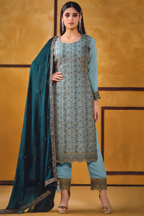 Light Blue Art Silk Straight Cut Trouser Suit With Dori Work