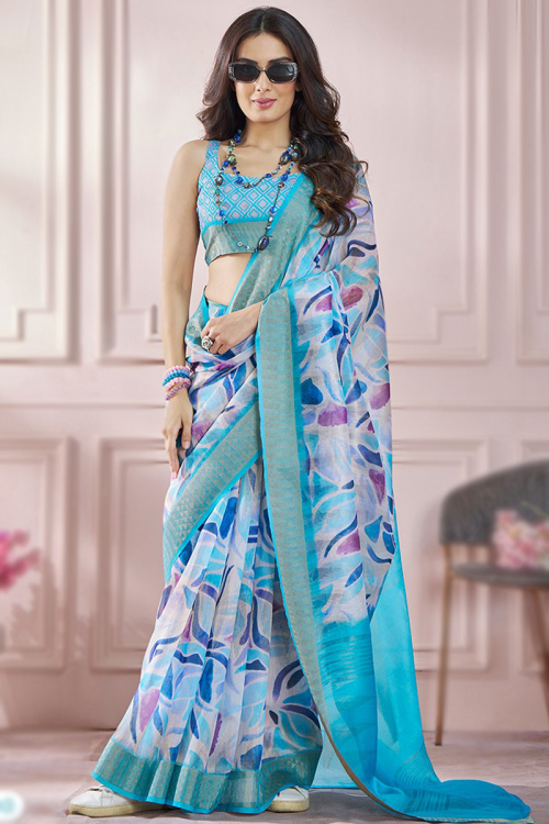Light Blue Chanderi Cotton Printed Light Weight Saree 