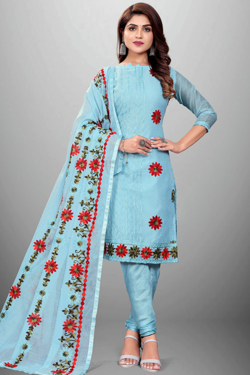 Light Blue Chanderi Silk Embroidered Casual Wear Churidar Suit 