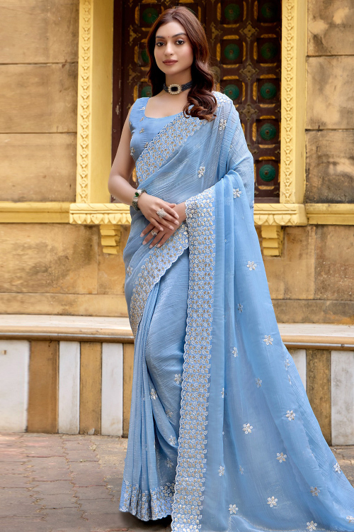 Light Blue Chiffon Embroidered Shimmer Saree 