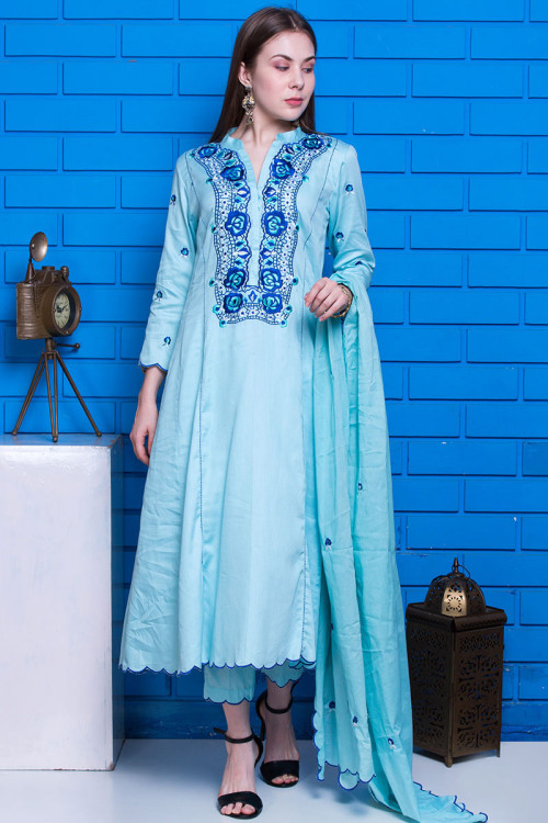 Light Blue Cotton Anarkali Suit With Resham Work