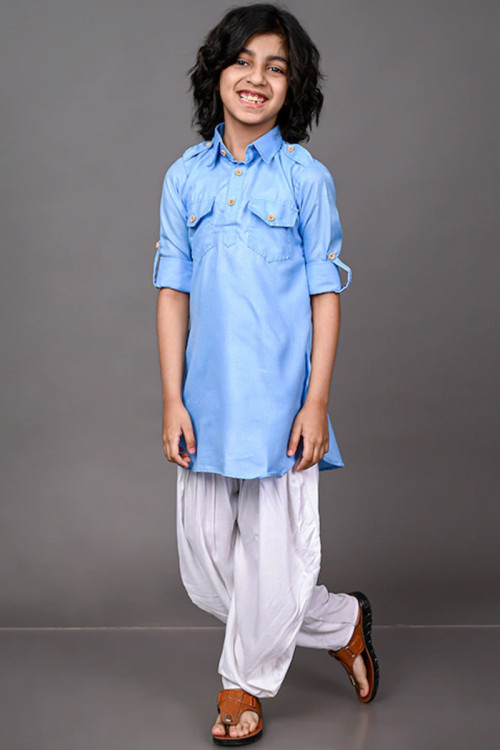 Light Blue Cotton Kid's Kurta Pajama