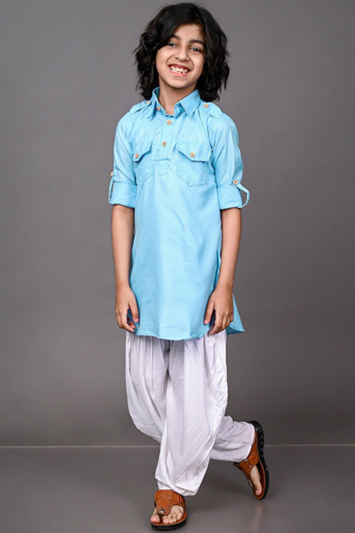 Light Blue Cotton Kid's Kurta Pajama