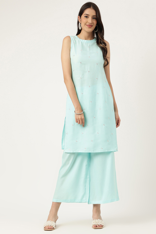 Light Blue Cotton Palazzo Suit With Zari Work For Casual Wear
