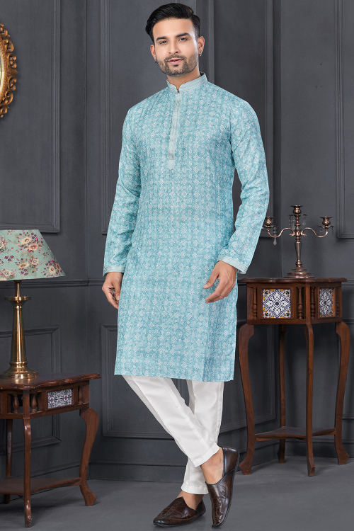 Light Blue Cotton Printed Straight Cut Men's Kurta Pajama