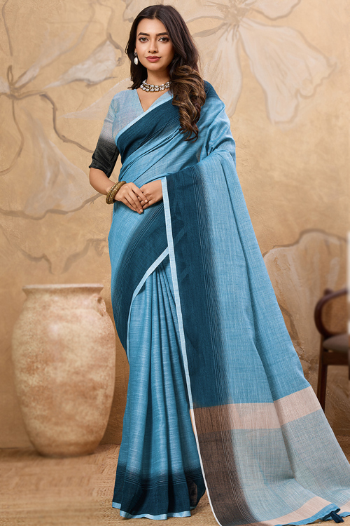 Light Blue Cotton Saree With Printed Work For Casual Wear
