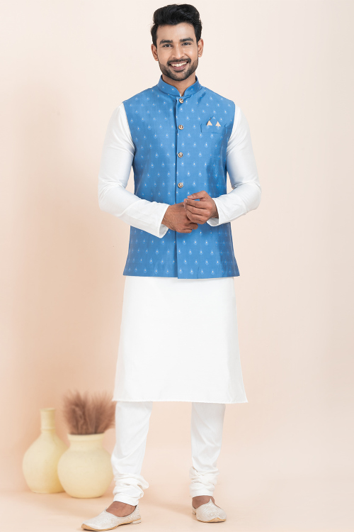 Light Blue Cotton Silk Weaved Waistcoat For Men