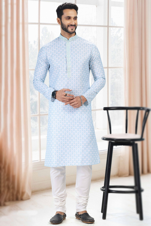 Light Blue Cotton Straight Cut Men Kurta churidar