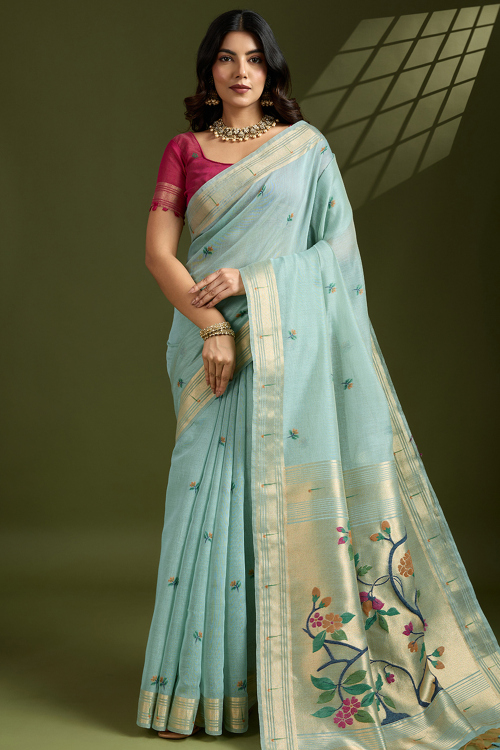 Light Blue Cotton Weaved Paithani Style Saree 