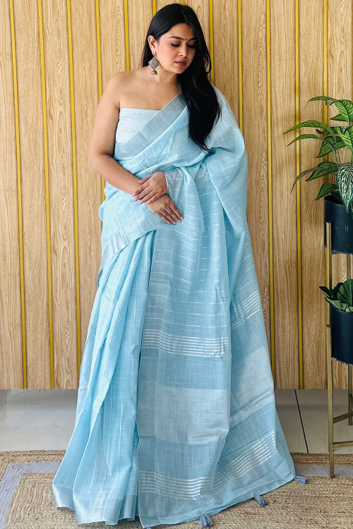 Light Blue Cotton Weaved Thread Casual Wear Saree