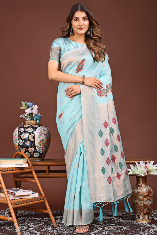Light Blue Cotton Woven Zari Regional Saree 