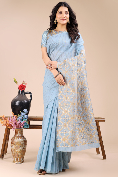 Light Blue Cotton Woven Zari Regional Saree