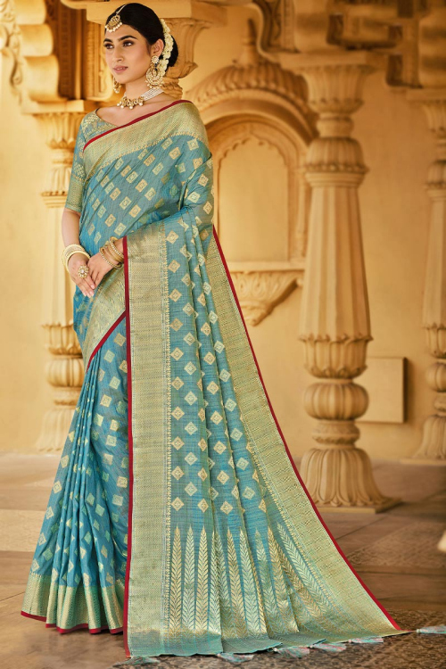 Light Blue Cotton Woven Zari Saree