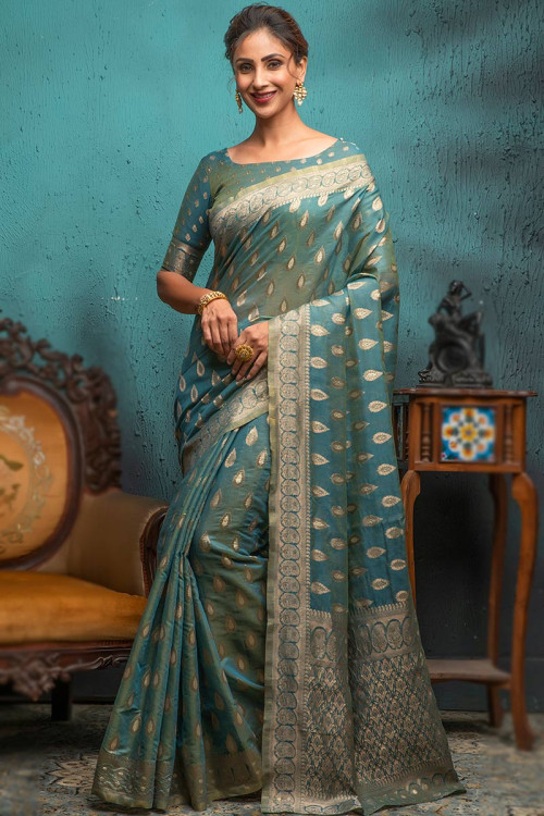 Light Blue Broad Border Party Wear Saree in Cotton