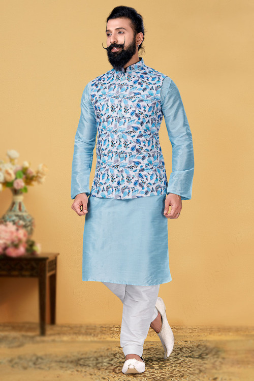 Blue kurta white pajama with jacket outlet